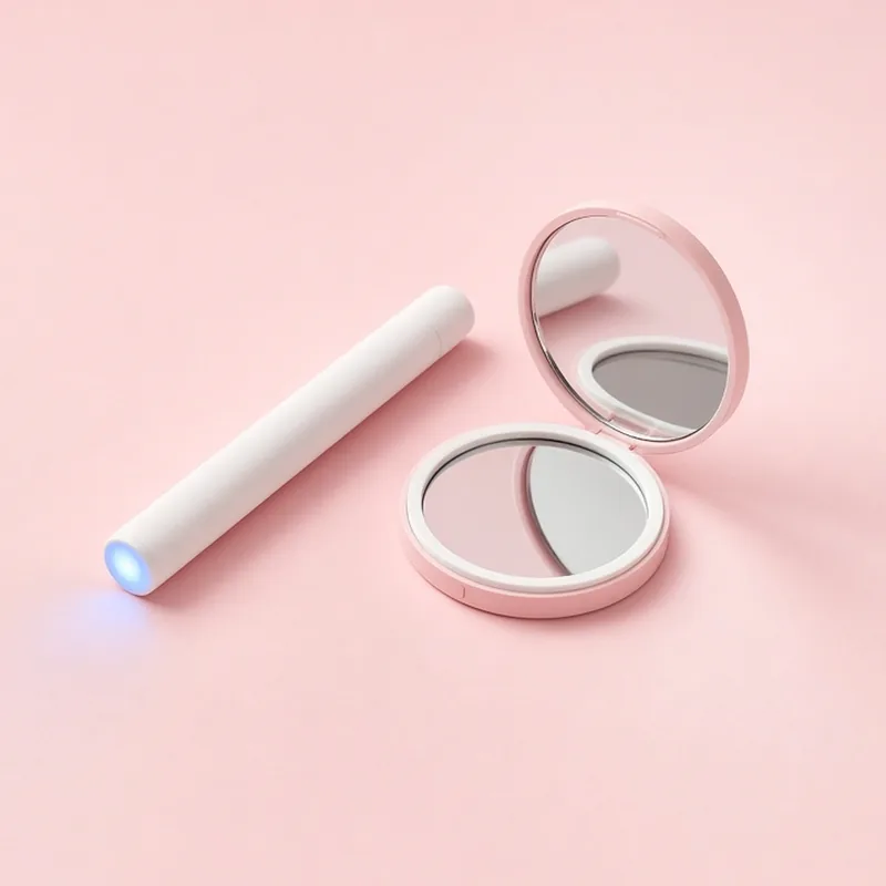 Illustration of a slim white light spot-treatment pen beside a compact mirror