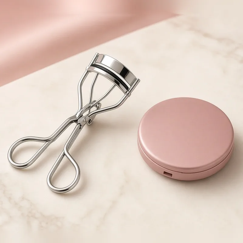 Illustration of a silver eyelash curler beside a pink compact on marble