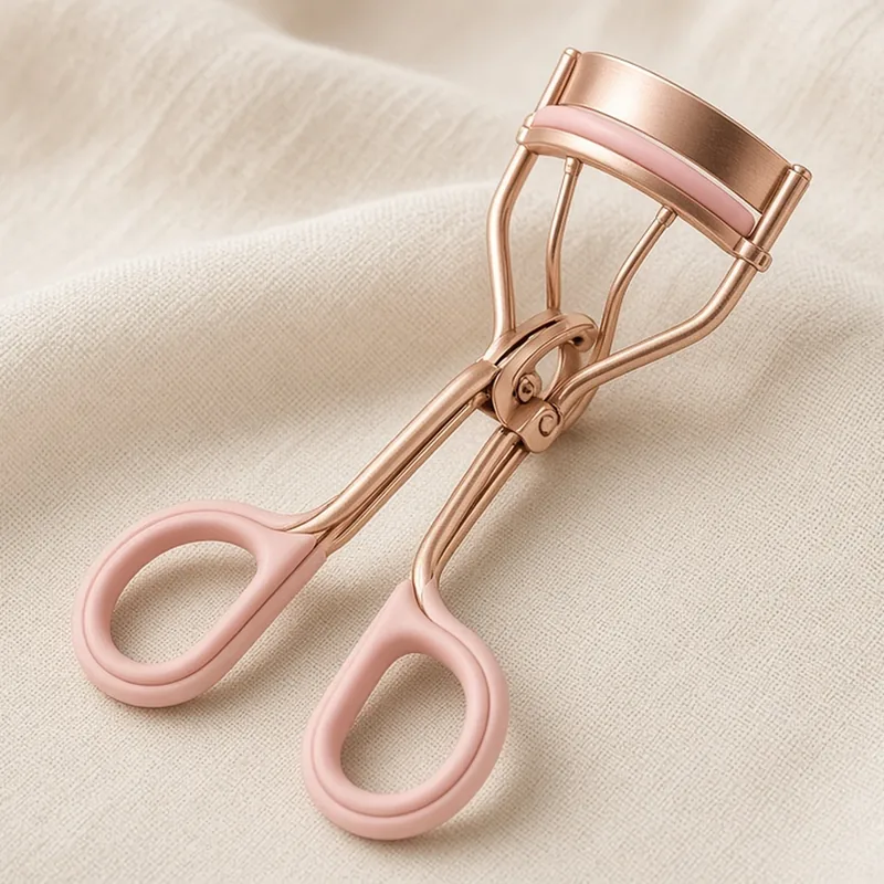 Illustration of a rose gold eyelash curler with pink handles on cream fabric