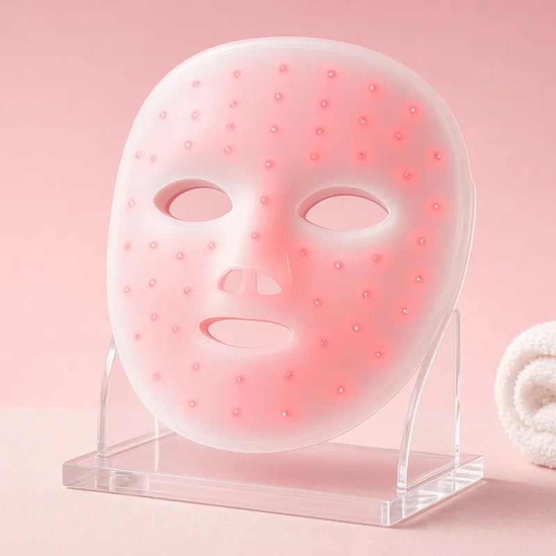 Illustration of a white LED light therapy face mask with glowing red lights on a clear stand, blush backdrop