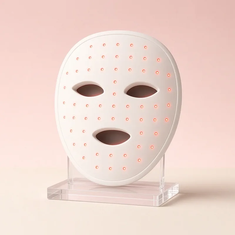 Illustration of a white LED face mask on a clear stand against a blush backdrop
