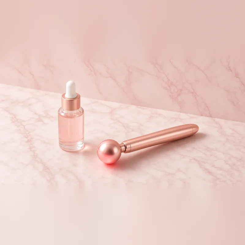 Illustration of a rose gold handheld red light facial wand beside a serum bottle on pink marble