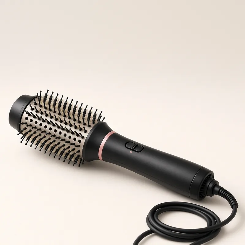 Illustration of a black corded hot-air brush with an oval barrel