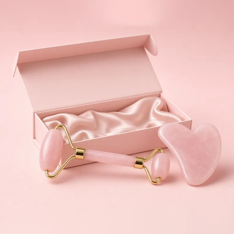 Illustration of a pink rose quartz roller and gua sha in a blush gift box