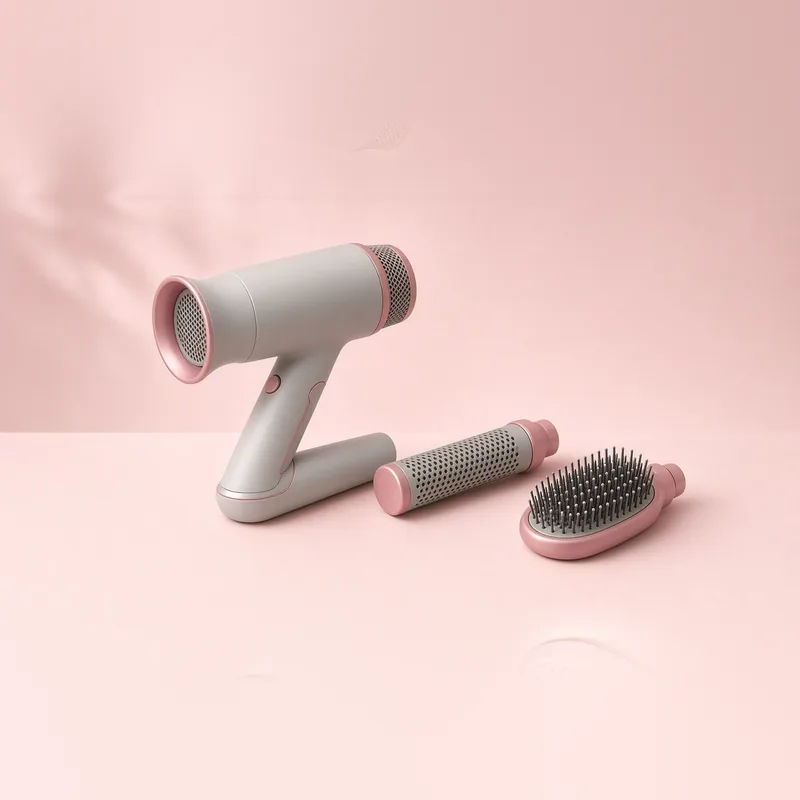Illustration of a grey twist-style hair dryer with round brush and paddle brush attachments on blush