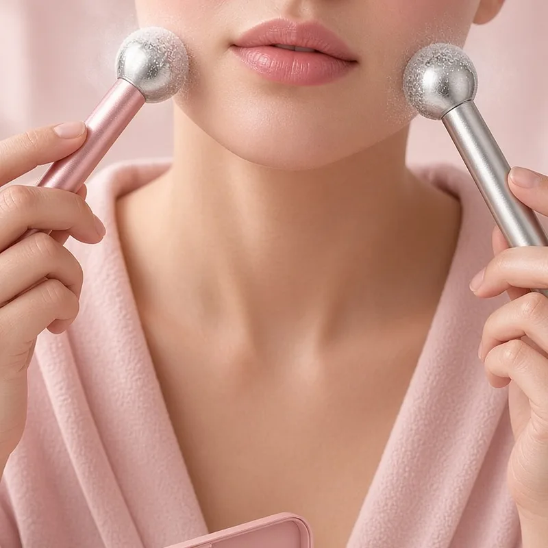 Illustration of two stainless-steel cryo sticks with pink and silver handles, frosted from the freezer, beside a pink storage case, standing in for the pfefe ice globes
