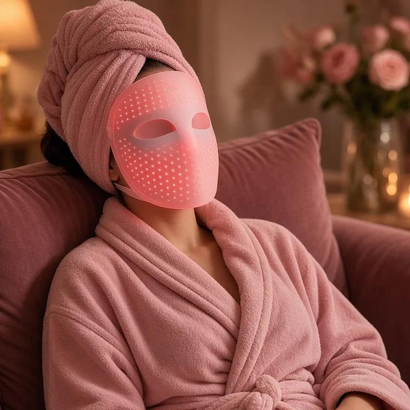 Illustration of a woman relaxing in a robe wearing a rose-pink LED face mask that glows softly, standing in for the Shark CryoGlow